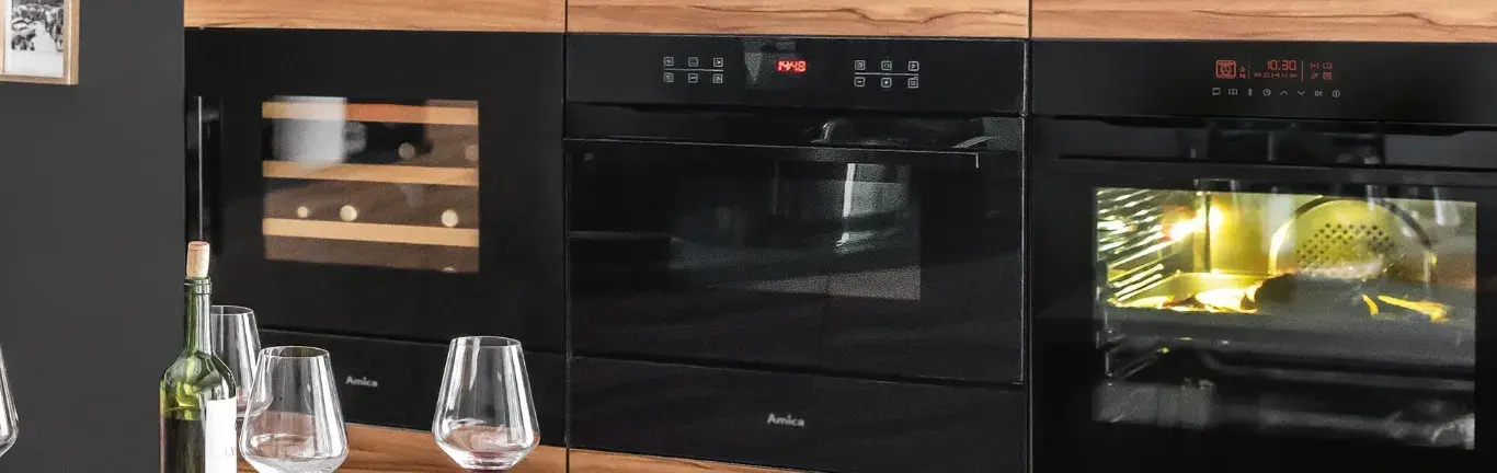 Hochmoderne Küchenausstattung mit Weinkühlschrank, Ofen und Mikrowelle
