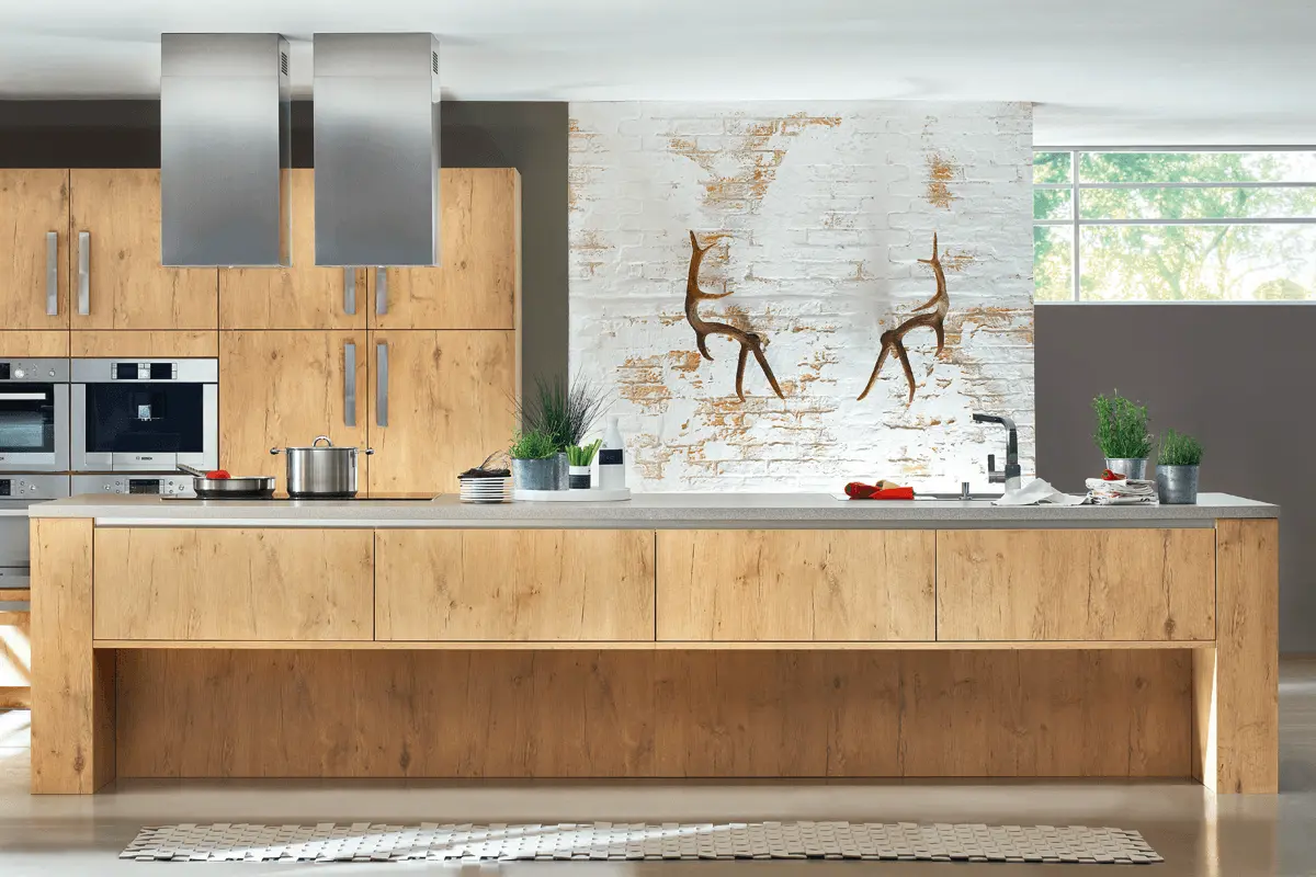 Helle moderne Küche mit einem Geweih an der Wand