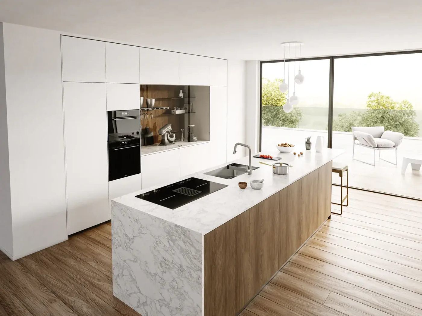 Helle hochmoderne Küche mit Holzelementen